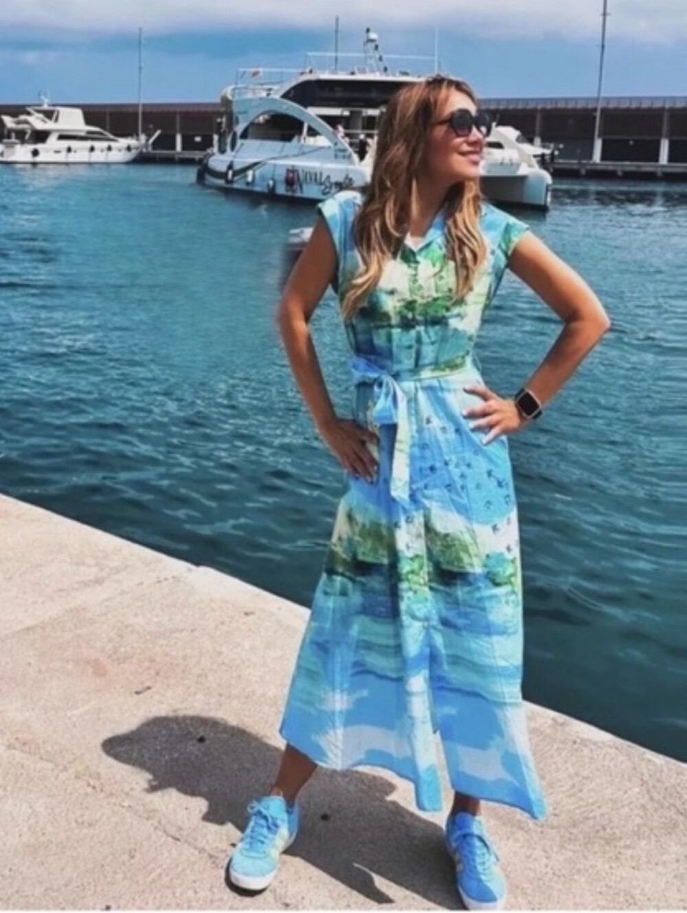 Zara Japanese Nature Watercolor Belted Midi Dress. Blue Green. Size L